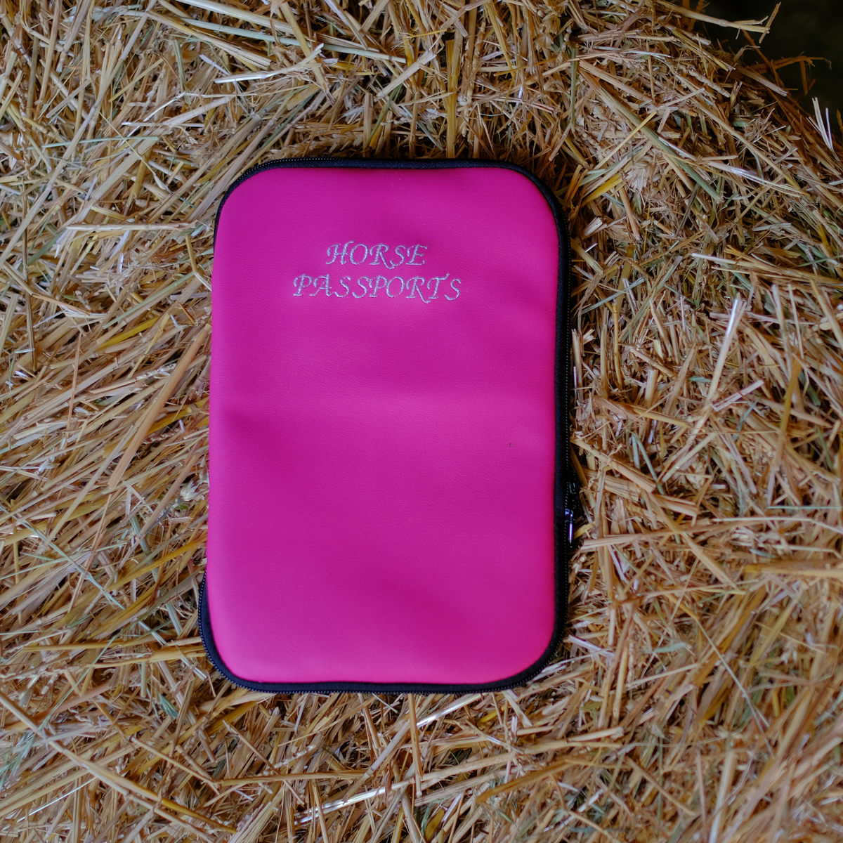 A bright pink faux leather horse passport wallet with silver embroidery and black YKKzip made to order by DRYVIS